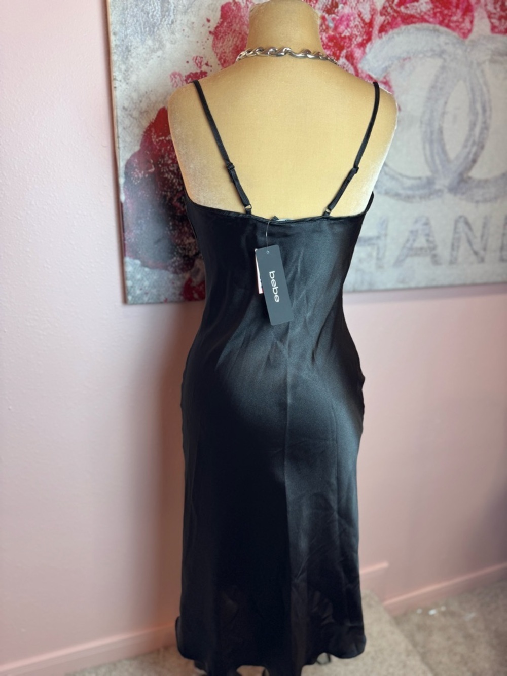 Bebe Black Cowl Neck Satin Slip Dress Made in Usa - Picture 3 of 8
